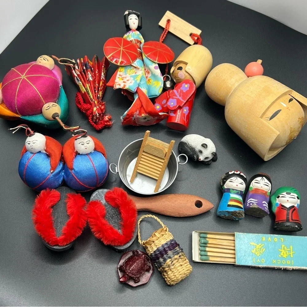 Miniature Japanese Dolls Ornaments Matches Lot Of Antique Charms Fan
